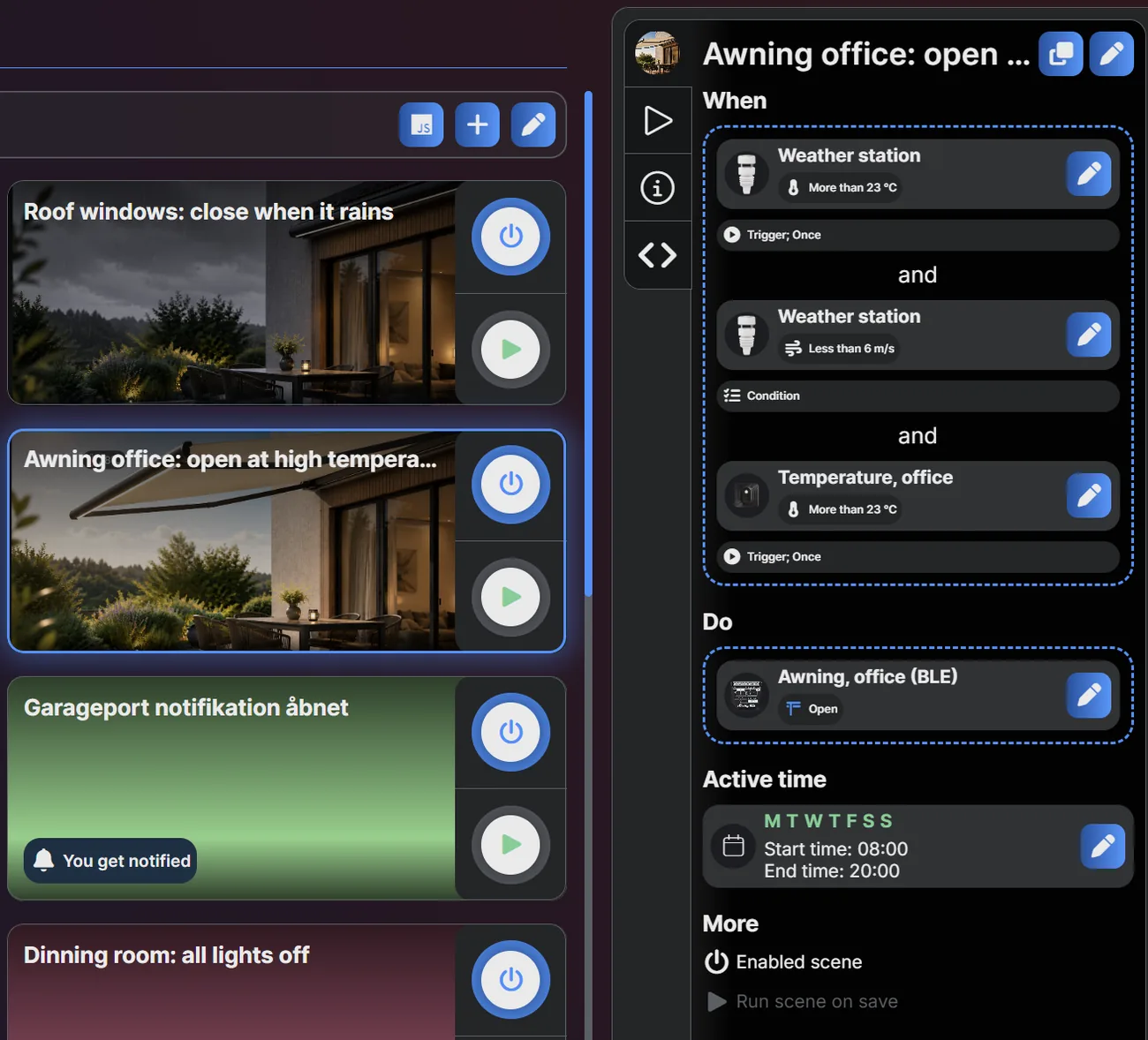 A finished scene with its summary panel open, showing When, Do and Active time