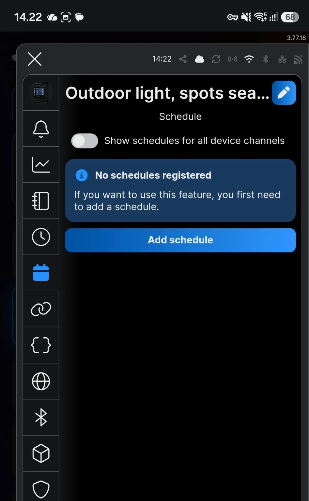 The schedule tab on a device, with the calendar icon selected in the side rail
