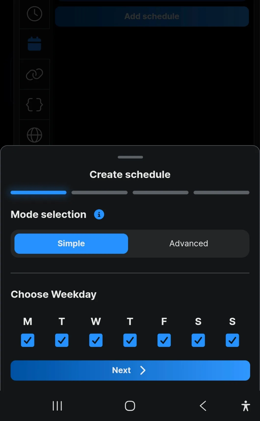 The day selection with all seven weekdays ticked, and the Simple and Advanced modes