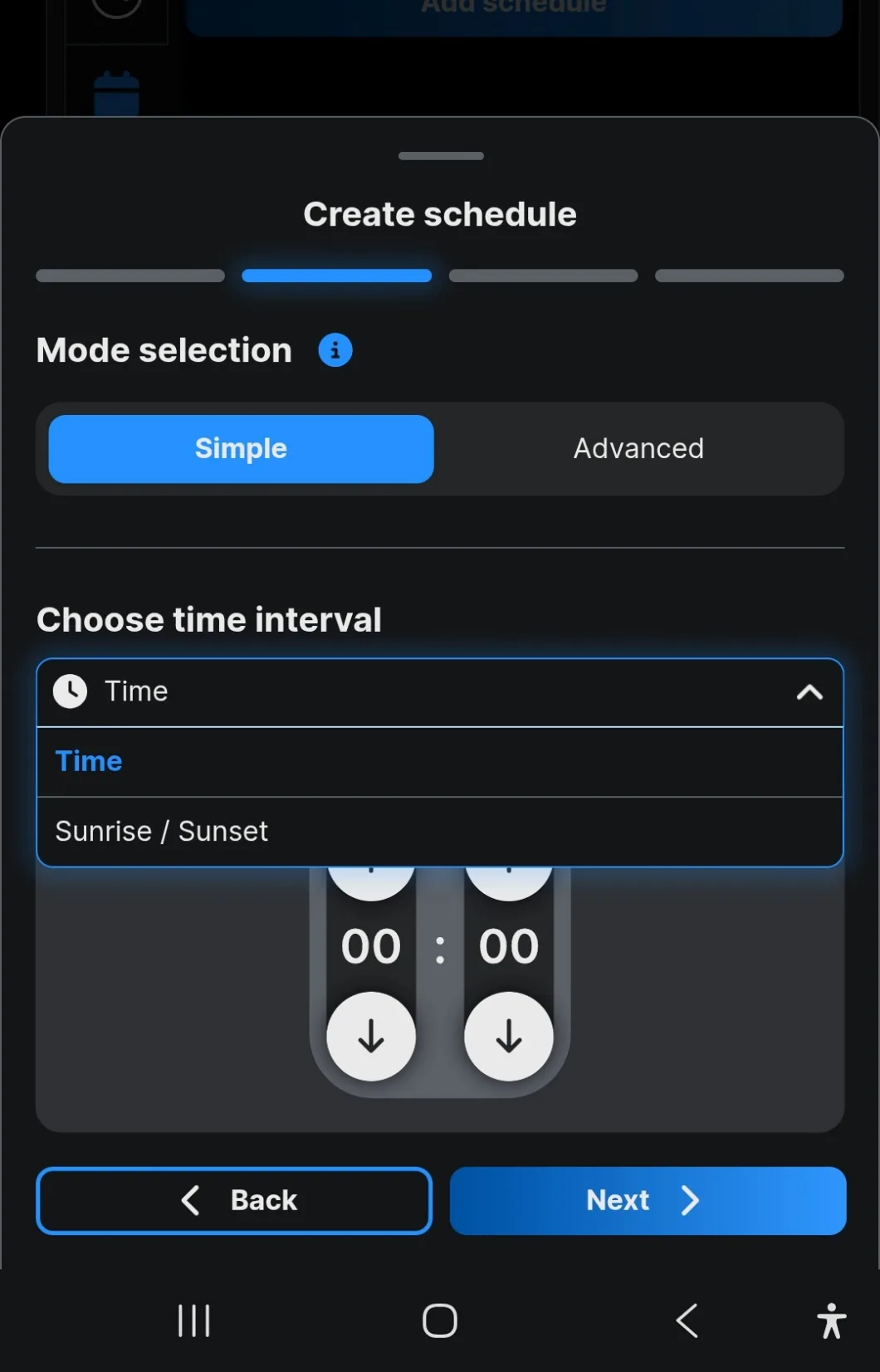 The time interval drop-down open, showing Time and Sunrise slash Sunset