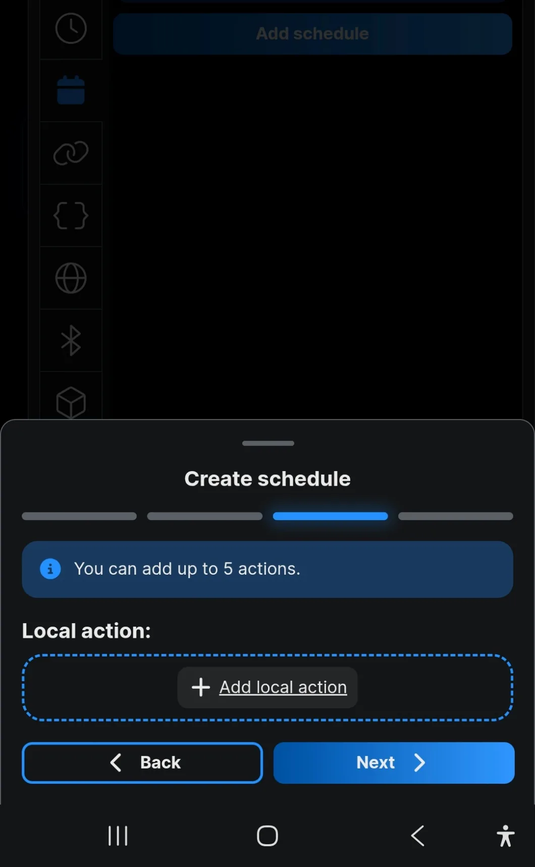 The local action step, showing that up to five actions can be added