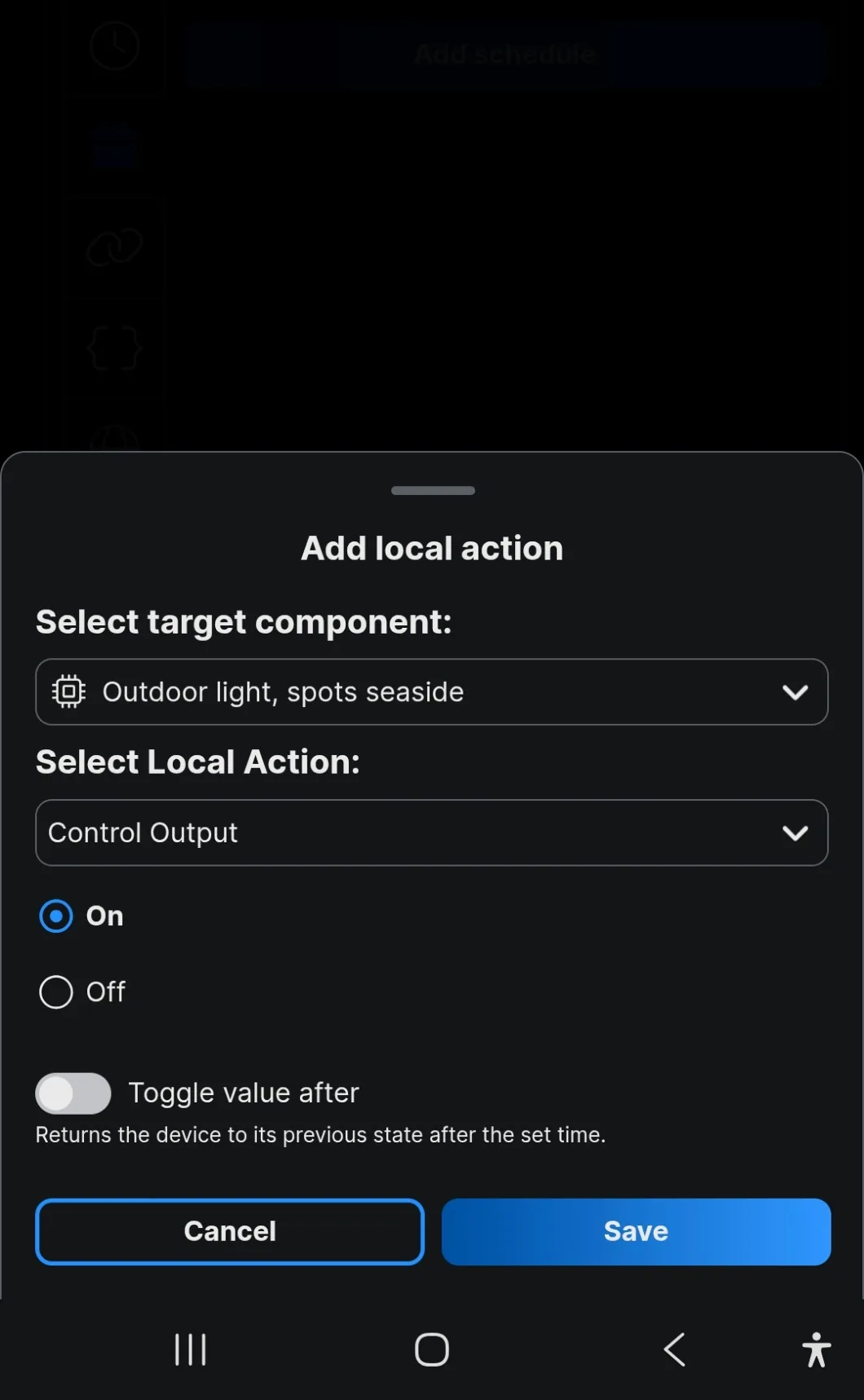 The local action dialog with a target component, Control Output, and the toggle value after switch