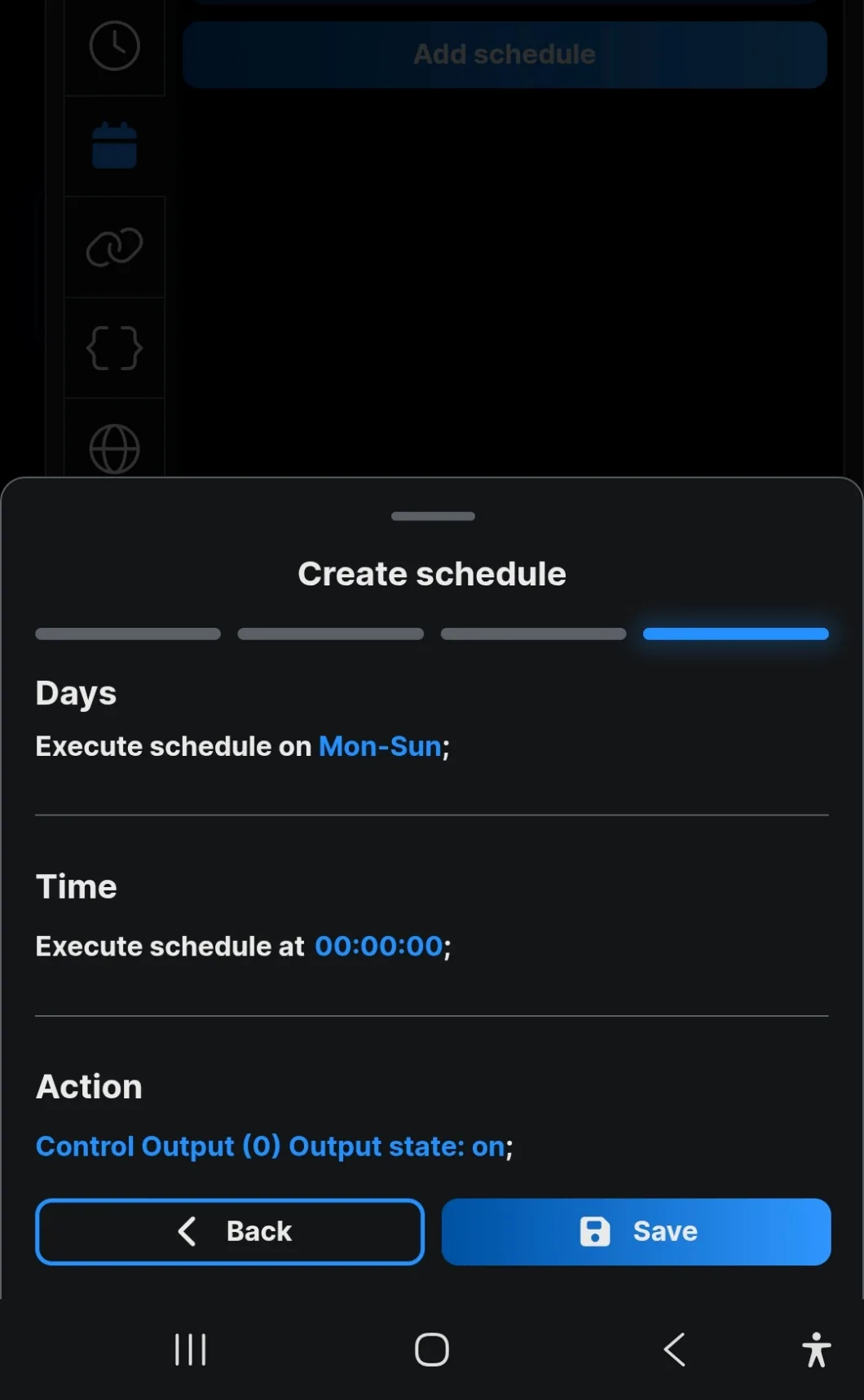 The review screen listing days, time and action before saving