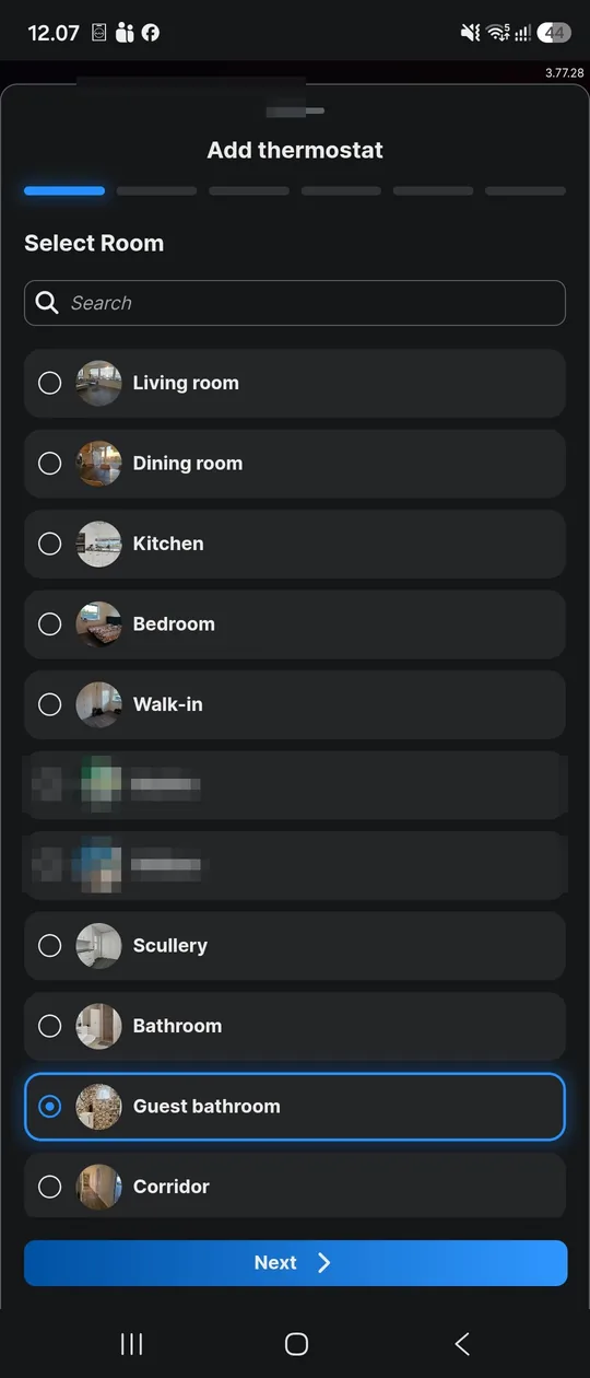 Selecting the room for the thermostat