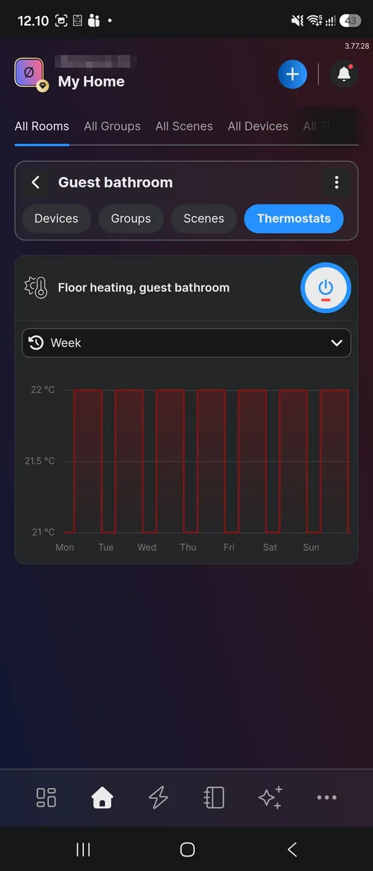 Activating the thermostat with the power icon