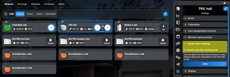 Underfloor heating mode selected in the thermostat settings