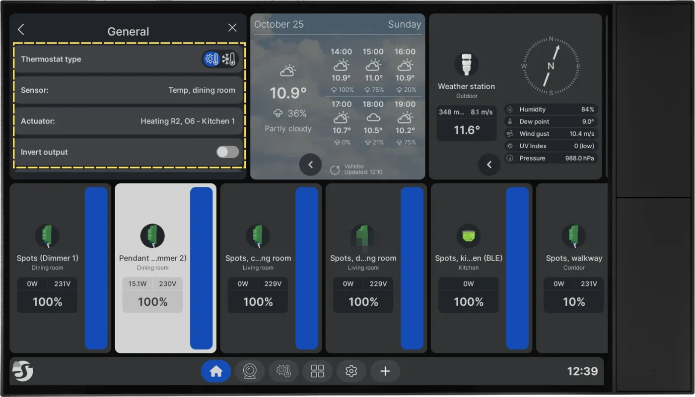 Sensor and actuator selected in the thermostat settings