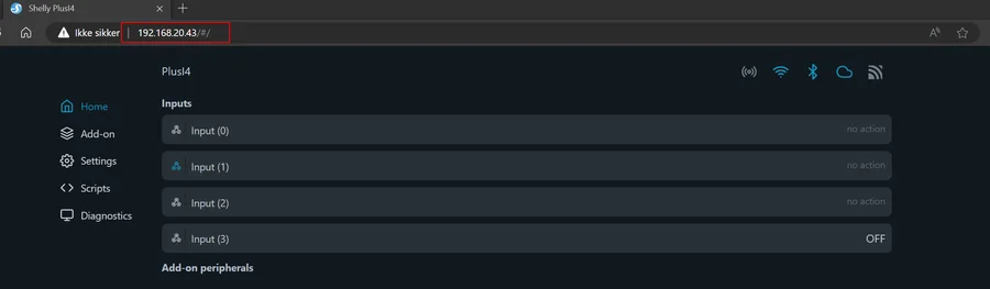 The web interface home page of a Shelly Plus 4, showing its local IP address