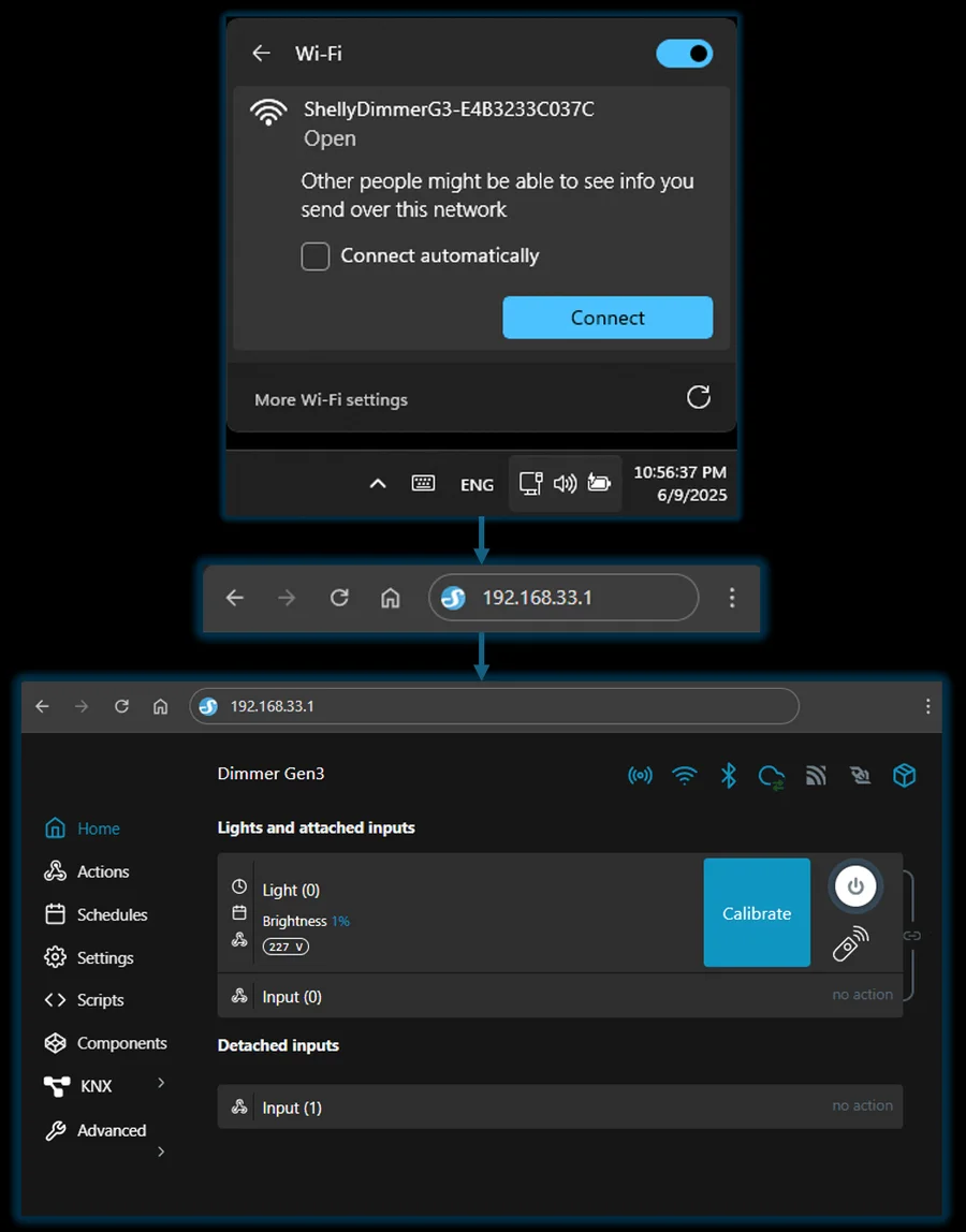 Joining a Shelly access point from Windows and opening the local web interface in a browser