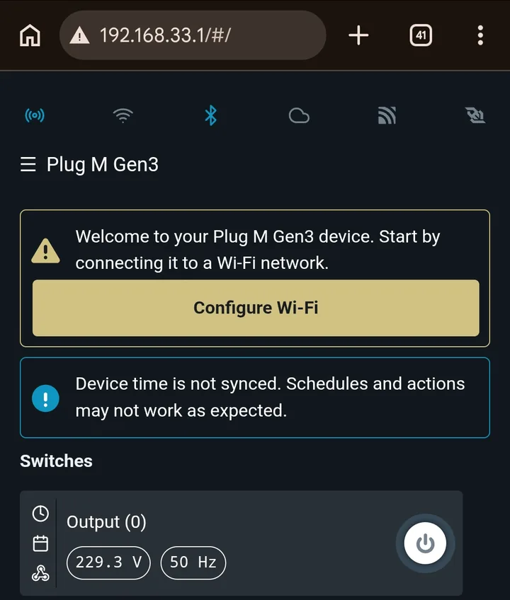 Web interface of a Shelly Plug M Gen3 at 192.168.33.1, asking to configure Wi-Fi