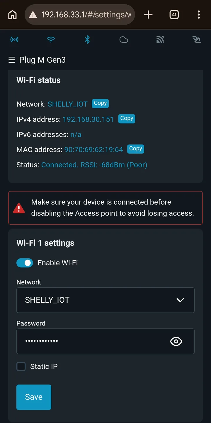 Wi-Fi 1 settings in the plug's web interface, connected to the customer's network