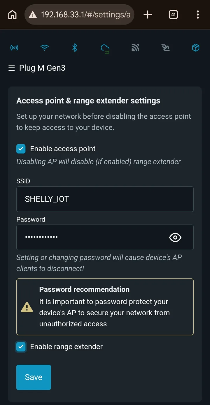 Access point and range extender settings with the customer's network name as SSID and range extender enabled