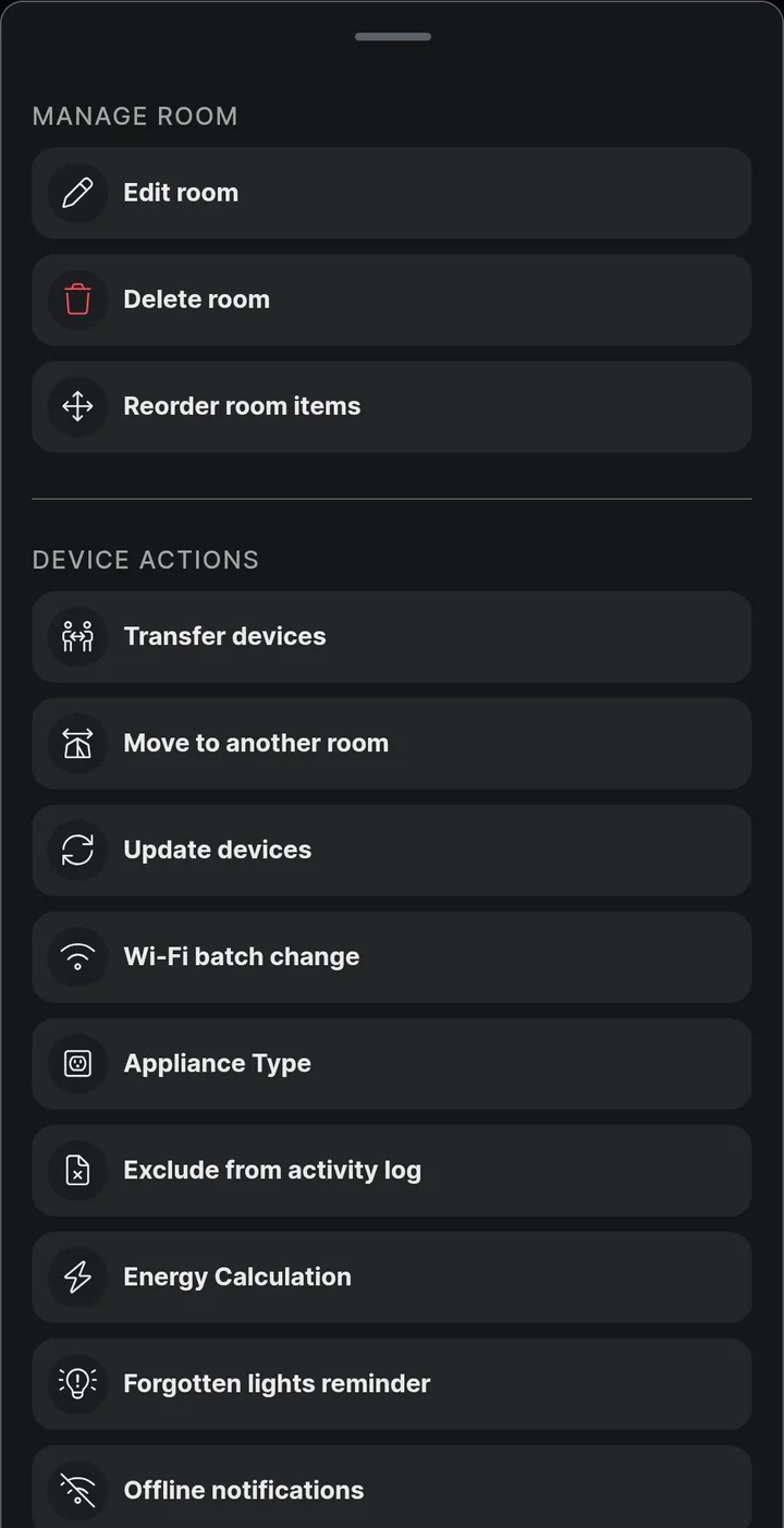 Room menu in Shelly Smart Control with Wi-Fi batch change under Device actions