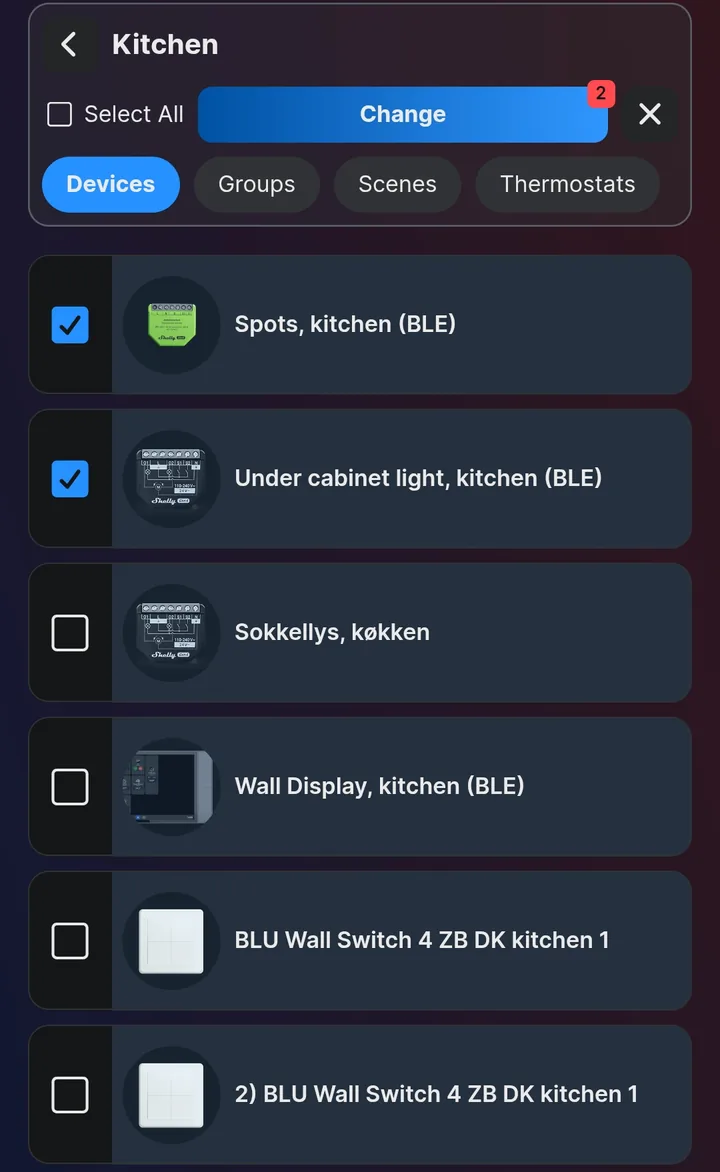 Device list in a room with devices ticked and the Change button