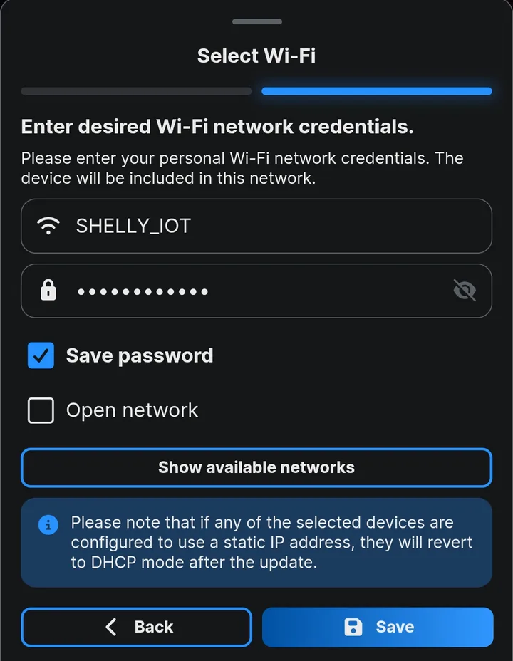 Wi-Fi credentials dialog with the new network's name and password and the Save button